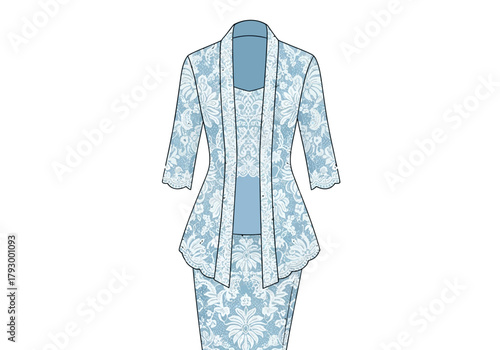 Illustration of a light blue lace suit dress with a matching jacket
