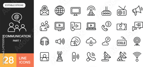 Communication line icons set, editable stroke, email, globe, video call, phone, satellite, wifi, router, megaphone, social media collection
