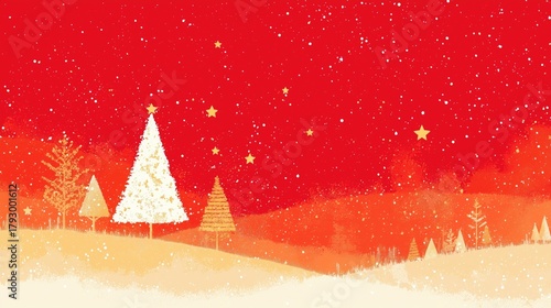 Christmas Festive Illustration with Red Background, Golden and White Christmas Trees, Falling Snowflakes, and Stars, Ideal for Wallpaper, Poster, and Holiday Design Projects