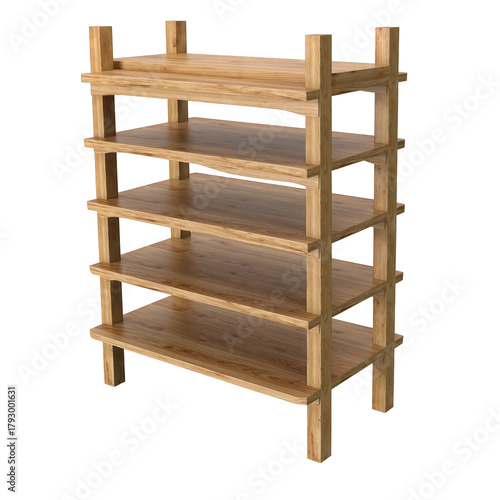 A realistic 3D render of an empty wooden shelving unit with five shelves against a transparent background, showcasing natural wood grain texture and a simple construction