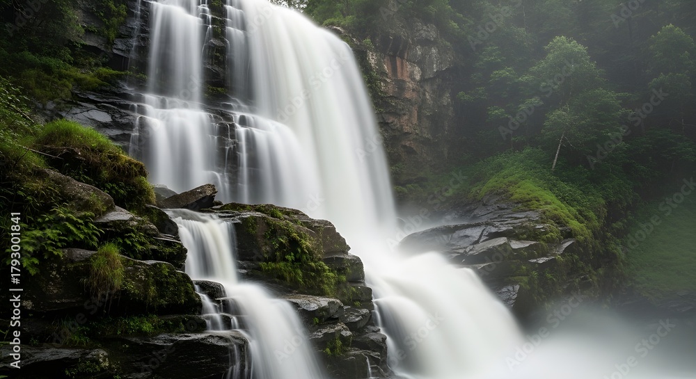 Fototapeta premium Twin Falls from a low-angle perspective halfway up the waterfall, capturing the cascading flow with a slow shutter for silky water effect and sharp foreground texture.