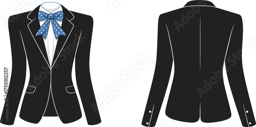 Fashion flat sketch of stylish women’s blazer jacket with long sleeves, front pockets, lapel collar, and polka dot bow tie design illustration