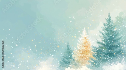 Christmas Winter Watercolor Illustration with Blue and Gold Pine Trees, Falling Snowflakes, and Soft Light Bokeh on Pastel Blue Background, Ideal for Wallpaper, Poster, and Festive Design Projects