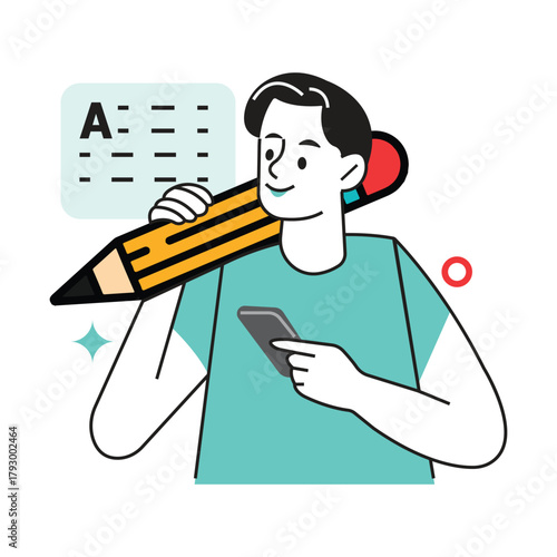 Digital marketing data analyses concept. Young man cartoon with oversized pencil and phone, symbolizing online education, content creation, and mobile learning.
