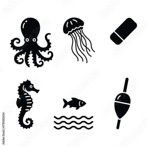 Collection of silhouetted marine life and fishing gear icons on a white background
