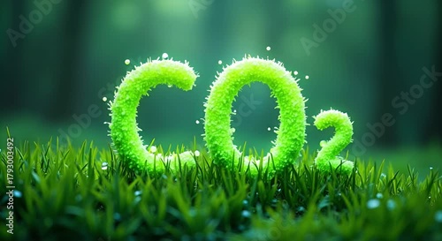 3D rendering of luminous green CO₂ chemical symbol growing out of fresh grass symbolizing carbon capture photosynthesis and climate action