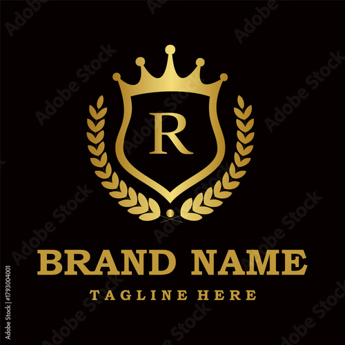 Gold shield emblem with letter r, crown, and laurel wreath, luxury brand name and tagline on