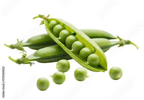 Fresh green pea pods with loose peas isolated on transparent background