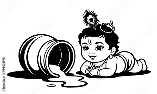 Adorable Black and White Illustration of Baby Krishna (Bal Gopal) Crawling Next to an Overturned Pot of Butter, Cute Vector Artwork for Janmashtami, Hindu Mythology, and Indian Culture.