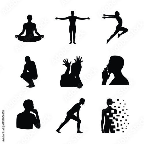 Diverse silhouettes of human figures depicting various poses and actions