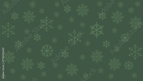 Seamless winter background pattern featuring various sizes of subtle green snowflakes scattered across a dark, forest green background. Elegant, festive, and rustic vector design for Christmas, holida