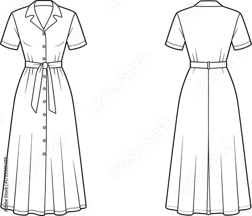 Fashion flat sketch, women’s shirt dress with belt and buttons, short sleeve midi dress vector template, front and back technical drawing