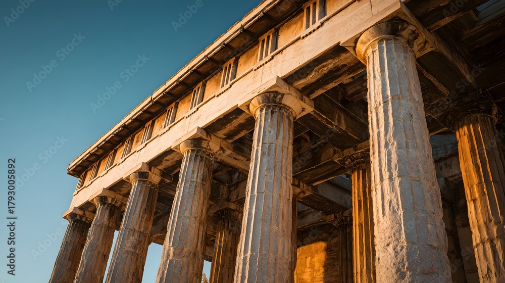 Naklejka premium Ancient stone columns support the entablature of a classical temple structure against a clear blue sky