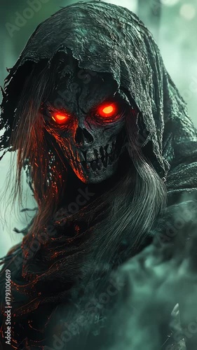 monster with red eyes in the forest in smoke. Nature.