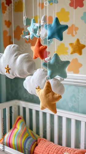 mobile baby crib, toy hanging above the crib. Selective focus. colorful.
