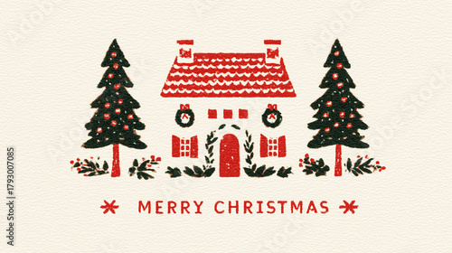 Christmas Vintage Illustration of Festive House with Decorated Trees, Wreaths, and 