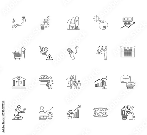  A collection of illustrated inflation icons including price increases, cost of living, purchasing power, cost increases, central bank, consumer prices with thin lines and a white background.