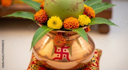 Indian Traditional Ritual Pot - A copper pot with a swastika symbol, decorated with mango leaves, marigolds, and a coconut, is used in Indian Hindu traditions for religious ceremonies