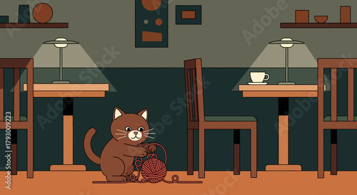 A charming brown cat diligently knits a colorful yarn project, enjoying a peaceful moment in a cozy, softly lit cafe setting, embodying relaxation and creative hobbies