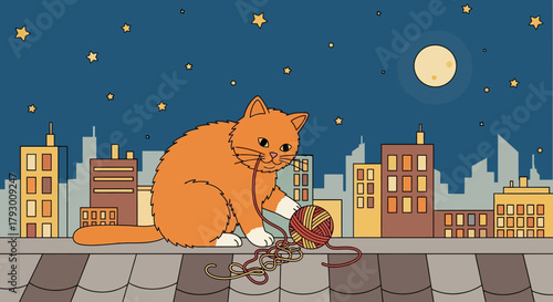 A playful cat with a ball of yarn on a city rooftop under a starry sky illustration