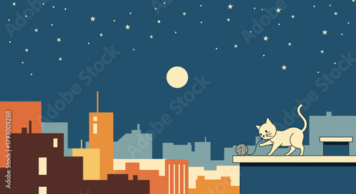 Urban Cat Serenade Starry Nightscape with Feline Harmony atop City Buildings