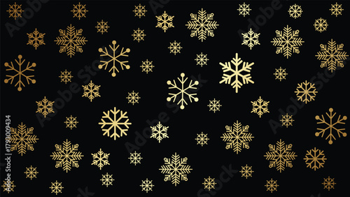 Seamless, elegant winter background featuring various sizes of golden snowflakes scattered across a deep black background. Luxurious vector pattern ideal for high-end Christmas, New Year, holiday prom