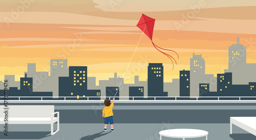 A Child's Joy Flying a Kite on a Rooftop with a City Skyline at Sunset