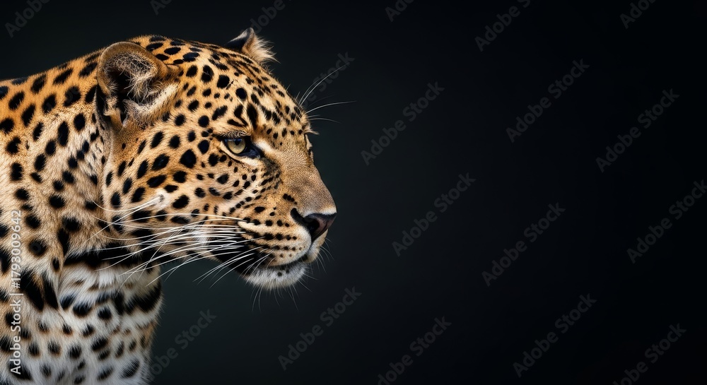 Obraz premium Leopard Portrait in Profile Against Dark Backdrop - Leopard head shot in profile. Concept symbolizing stealth, strength, beauty, focus, and wildlife. Dark background