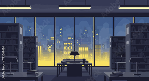 Pixel Art Library Interior Scene with Cityscape at Night
