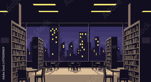 Serene pixel art library interior at night, overlooking a luminous urban skyline, offering a quiet, contemplative space for study and reading