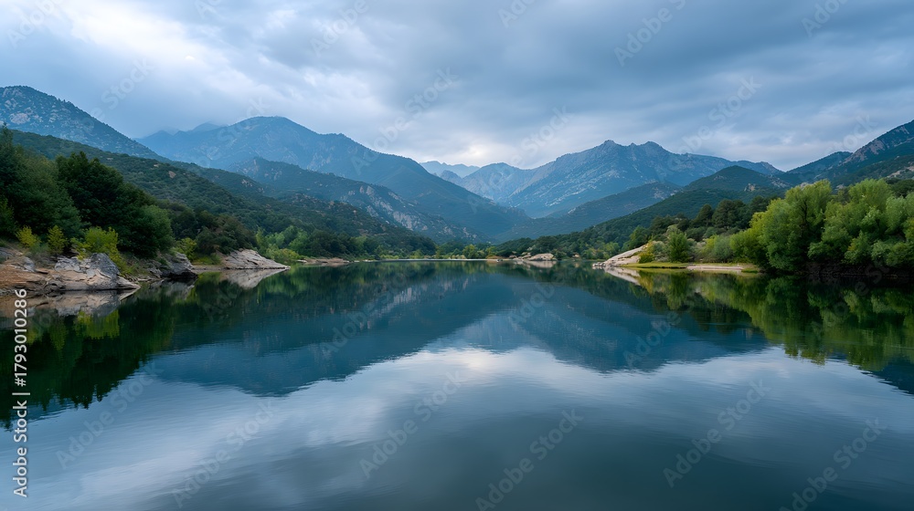 Fototapeta premium Serene mountain reservoir reflects heavily clouded sky across calm water surface