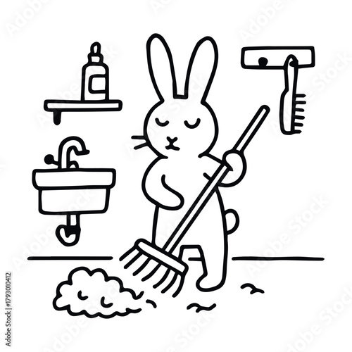 Black-and-white cartoon illustration of rabbit sweeping dust in bathroom with sink, bottle, brush, and cleaning tools in whimsical pet care theme
