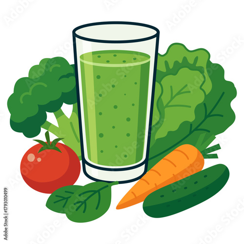 Green detox vegetable juice with fresh leafy greens and vegetables in flat design