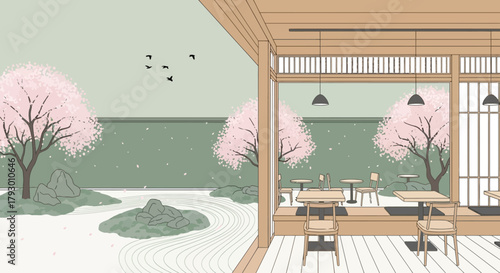 Peaceful Japanese Teahouse View Serene Zen Garden Blooming with Pink Cherry Blossoms Under a Soft Spring Sky Illustration