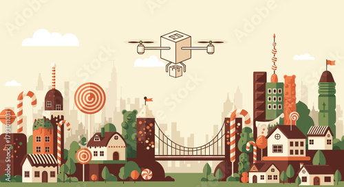 Conceptual illustration of a drone delivering candy over a whimsical town