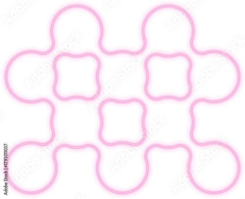 Square module composed of four gradient neon circles linked at equal distances in a geometric cluster.