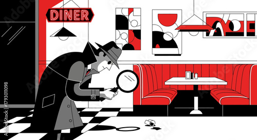 Detective Inspecting Clues at a Diner An Illustration of Mystery