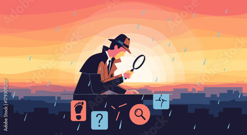 Dedicated Investigator Analyzing Clues with Magnifying Glass in a Rainy City, Symbolizing Meticulous Problem Solving, Forensic Inquiry, and Strategic Discovery for Business Insight