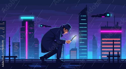 A detective in a trench coat crouches on a rooftop overlooking a neon-lit futuristic city at night, illuminated by streetlights and the glow of skyscrapers