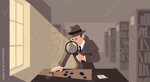 Detective examining footprints with magnifying glass in a dimly lit room, seeking clues