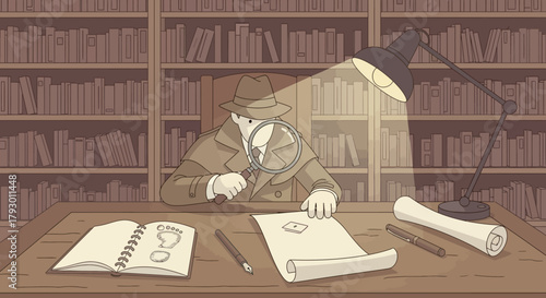A vintage-style illustration of a classic detective in a fedora hat meticulously examining clues with a magnifying glass in a library