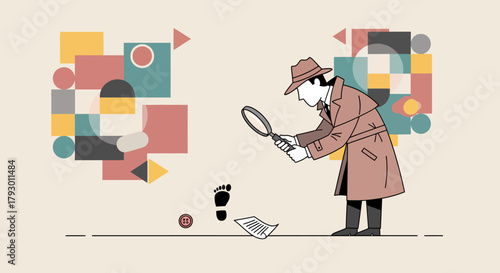 Detective investigating footprint and document with magnifying glass. Abstract geometric patterns symbolize data analysis, strategic problem-solving, and uncovering hidden truths