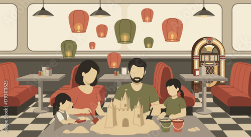 Surreal illustration of a family on an imaginative beach holiday inside a vintage American diner