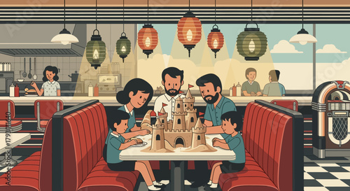A happy family enjoys a surreal creative moment, building a sandcastle together inside a nostalgic retro diner