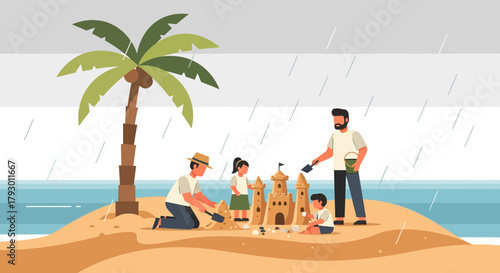 Family enjoying a sunny day at the beach building a sandcastle with palm trees and the ocean in the background, under a gray, rainy sky