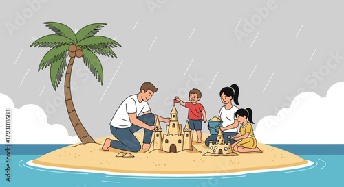 A loving family enjoys building a sandcastle together on a small tropical island, finding happiness despite the rainy weather
