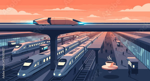 futuristic high-speed train station with advanced transportation systems and commuter trains ready for departure