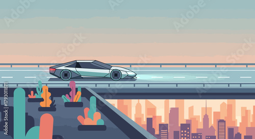 Futuristic streamlined car driving on a highway bridge overlooking a stylized cityscape at sunset