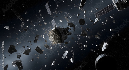 Debris Orbit: A dramatic scene of space wreckage. Scattered remnants of spacecraft, solar panels, and various components drift through the void, a testament to the risks of space exploration.