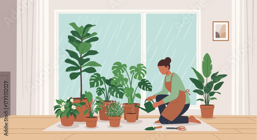 A woman watering a collection of indoor potted plants by a window, showcasing a peaceful home gardening hobby